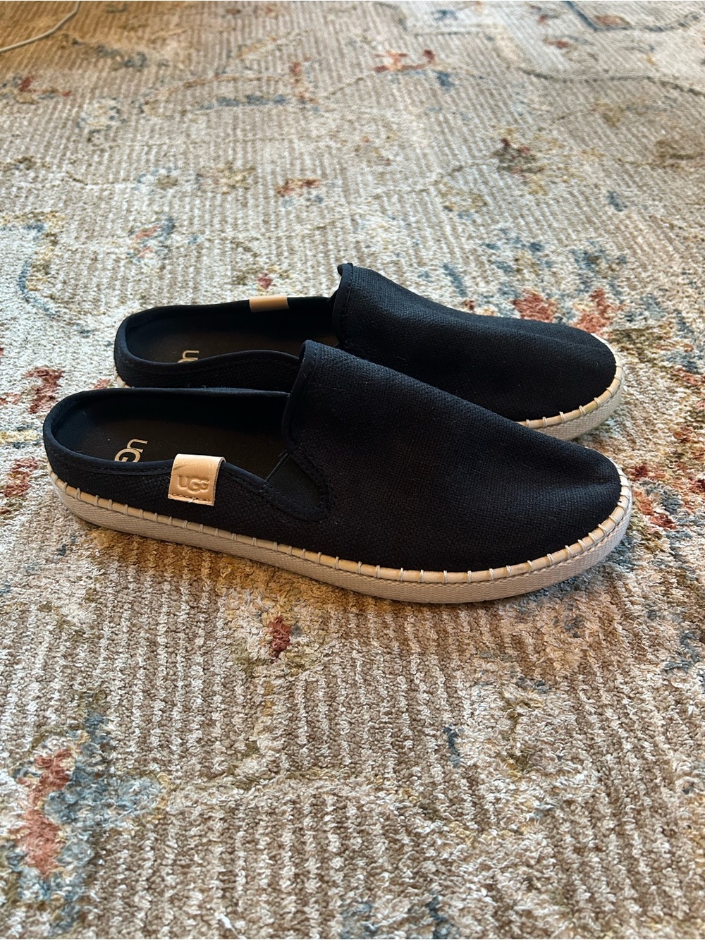 UGG Black Canvas Slip-On Mule Loafers with Cream Trim